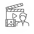 Minimalist black outline icon representing AI ad film production with cinematic clapperboard, AI character, and video creation elements.