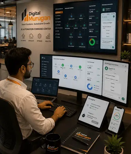 Digital Murugan AI Automation Command Center with a business automation specialist managing AI workflows, CRM automation, WhatsApp automation, and intelligent business dashboards in a modern corporate office.