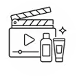 Minimalist black outline icon representing AI product videos with a clapperboard, video player, cosmetic bottle, and product tube.