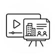 Minimalist black outline icon representing corporate AI video production with presentation board, company profile, and video player elements.