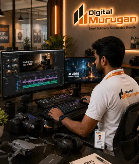 Professional AI video production and video editing studio at Digital Murugan with a video editor creating commercial advertisements.