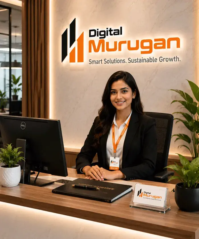 Digital Murugan corporate office reception with professional receptionist and modern branded workspace