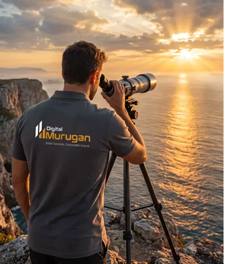 Digital Murugan leadership vision represented by a business professional observing the future through a telescope overlooking the ocean at sunrise.