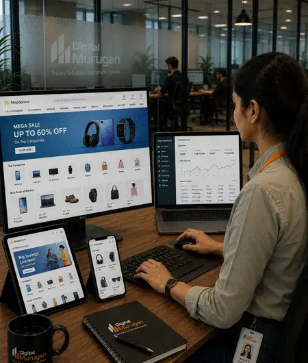 Digital Murugan team developing a custom e-commerce website in a modern corporate office with marketplace UI, analytics dashboard, and mobile shopping application.