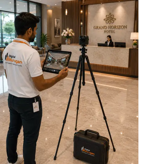 Digital Murugan specialist capturing a Google 360° Virtual Tour at a premium hotel lobby using a professional 360° camera and live panoramic preview on a tablet.