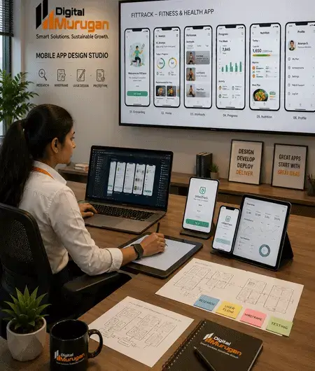 Digital Murugan mobile app design studio with a professional designer creating Android and iOS application interfaces in a modern corporate office.