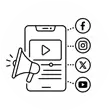 Minimalist black outline icon representing video marketing services with smartphone, play button, megaphone, and digital marketing elements.