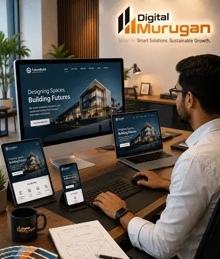Professional website designer creating a responsive business website at Digital Murugan corporate office.