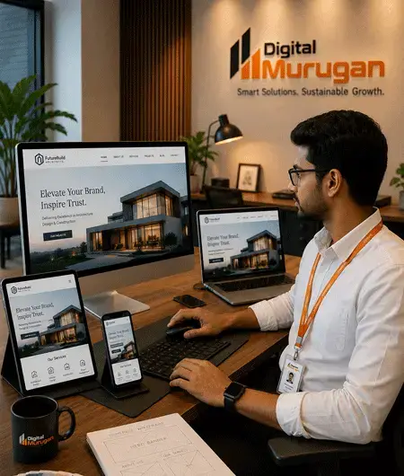 Professional website designer creating a responsive business website at Digital Murugan corporate office.