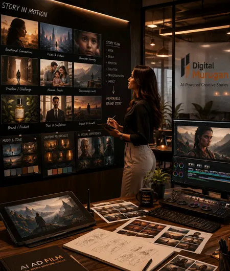 Professional creative director planning an AI-powered cinematic ad film in a modern Digital Murugan creative studio.