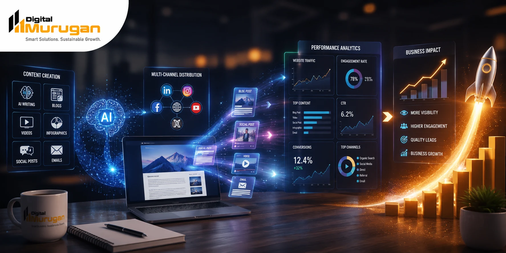 AI content marketing workflow showing performance analytics and business growth