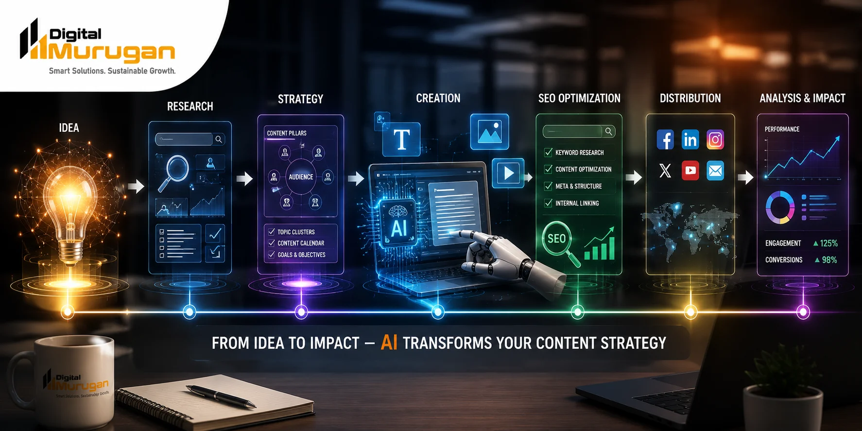 AI-powered content strategy workflow from idea to impact