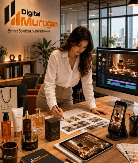 Professional female creative specialist producing AI-generated product commercial videos in a modern Digital Murugan corporate creative studio.