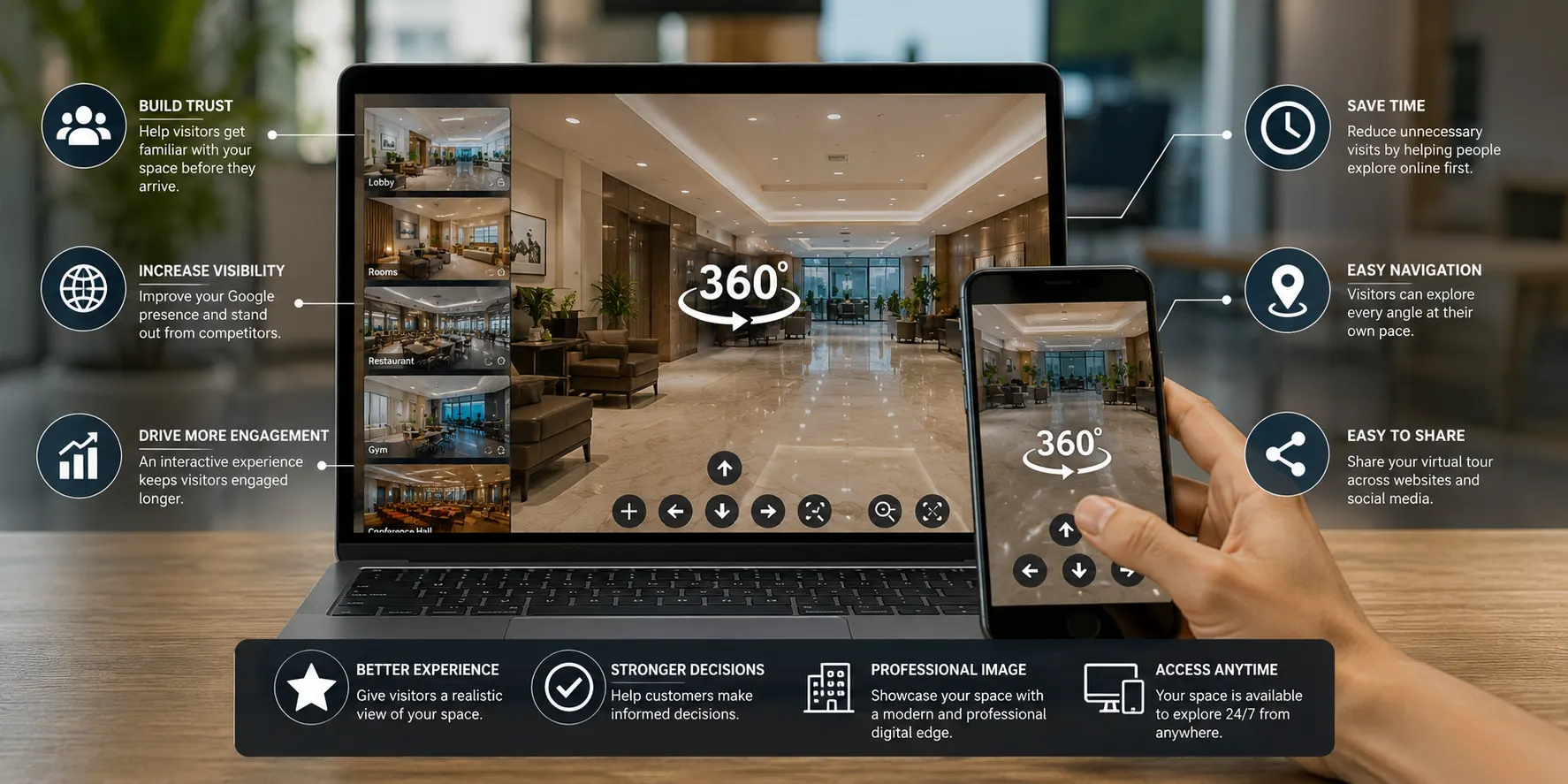 Interactive Google 360° virtual tour showing benefits for businesses and organizations