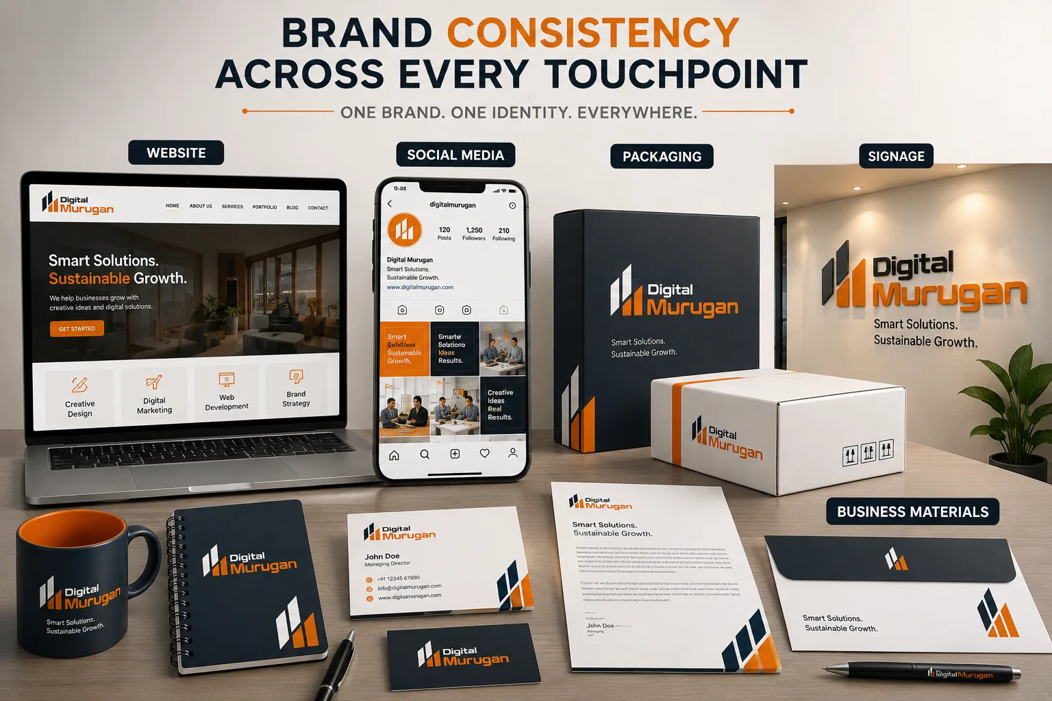 Brand consistency across website, social media, packaging and business materials