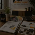 Digital Murugan branding and creative workspace with brand identity materials