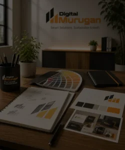 Digital Murugan branding and creative workspace with brand identity materials