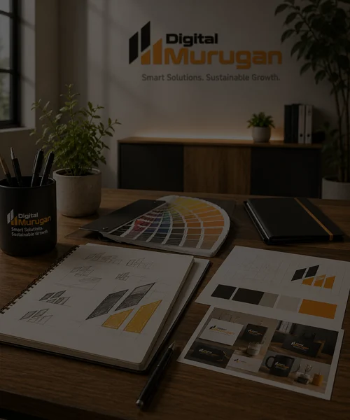 Digital Murugan branding and creative workspace with brand identity materials