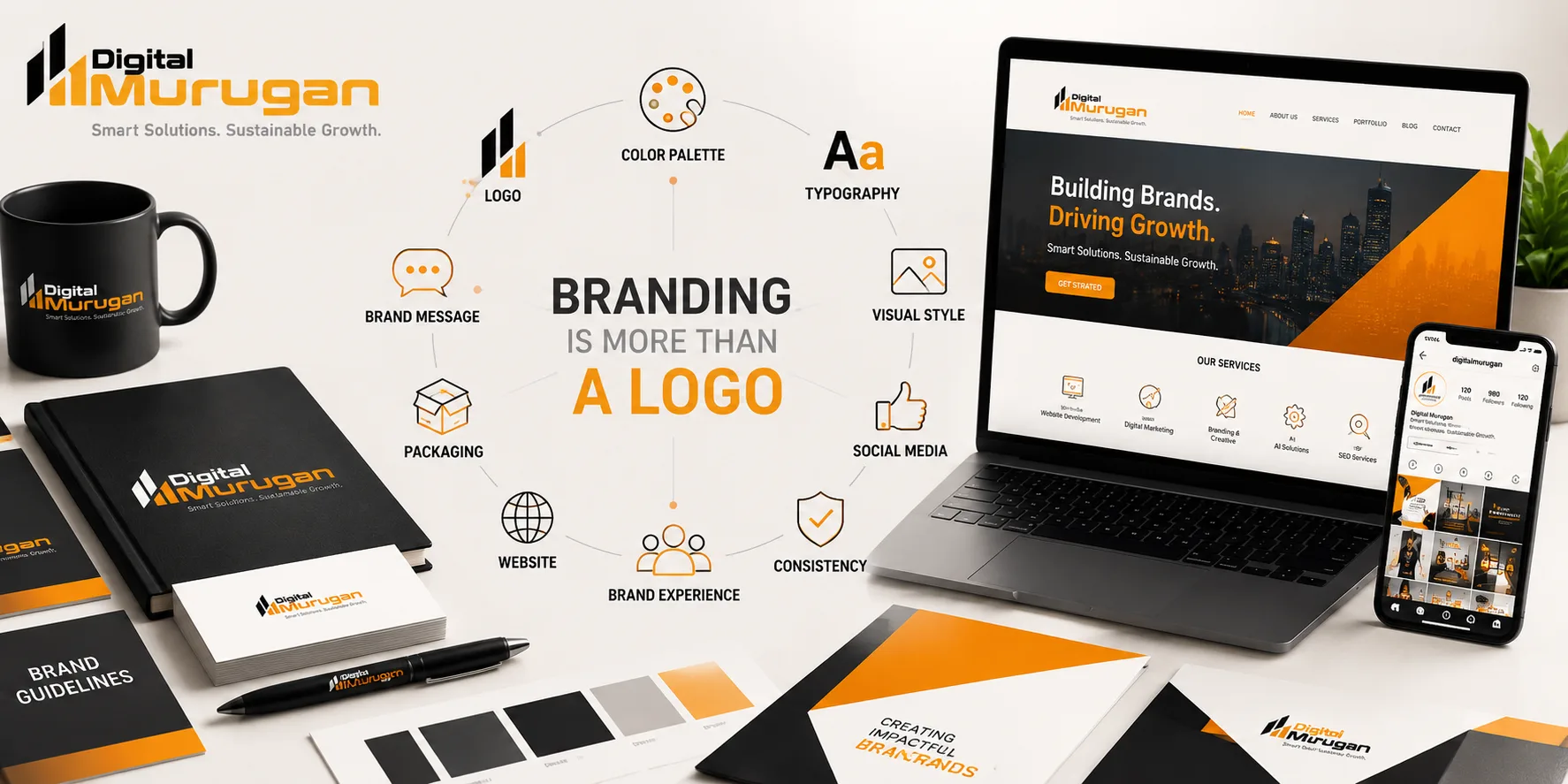 Digital Murugan branding identity showing logo, color palette, typography, website and social media