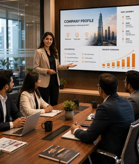 Professional corporate team attending an AI-powered business presentation in a modern conference room by Digital Murugan.