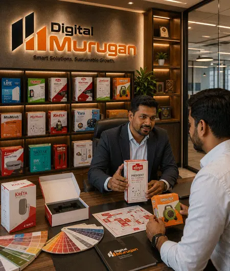 Digital Murugan packaging expert discussing custom printing and packaging solutions with a client using product box samples.