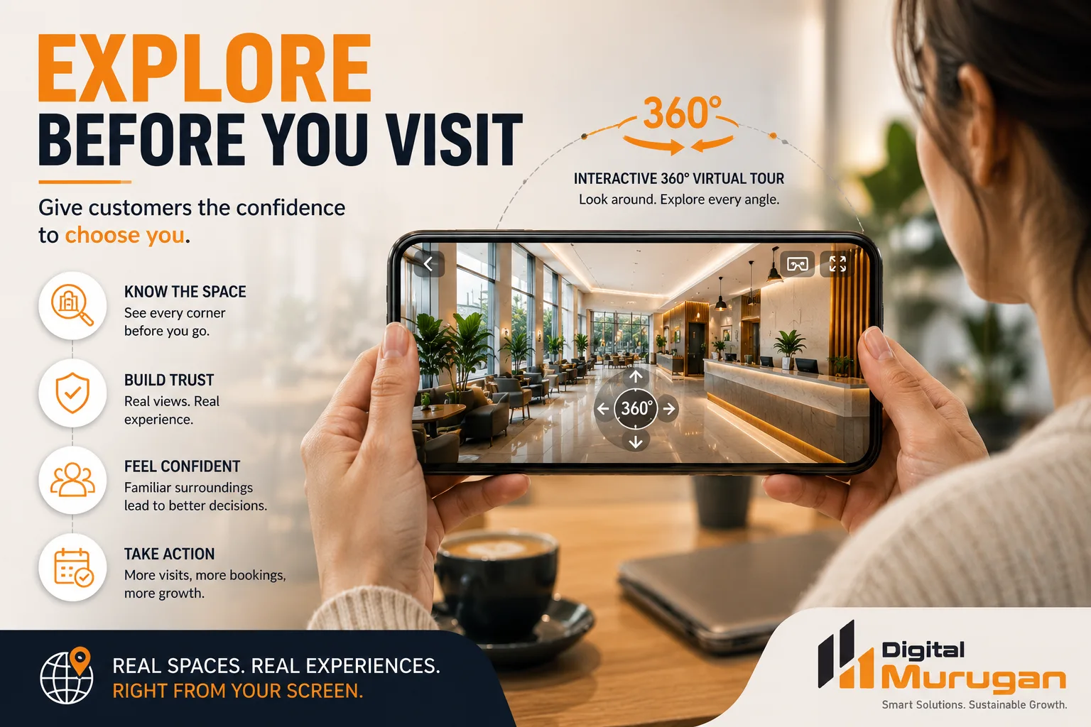 Customer exploring a business through a 360° virtual tour before visiting