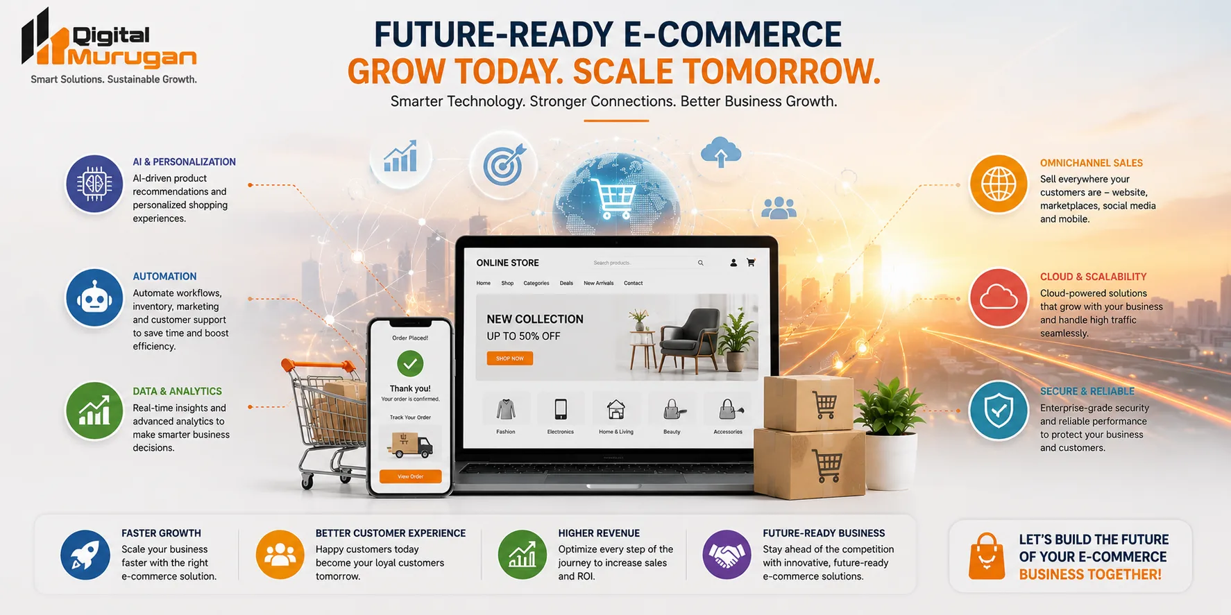 Future-ready e-commerce solution with AI, automation, analytics, omnichannel sales and scalability