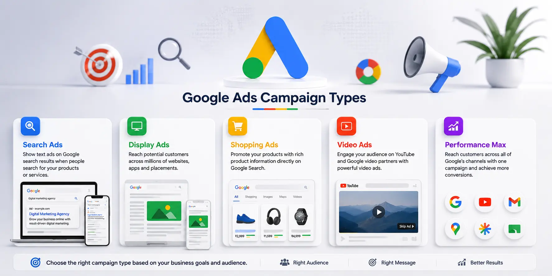 Google Ads campaign types including Search, Display, Shopping, Video and Performance Max