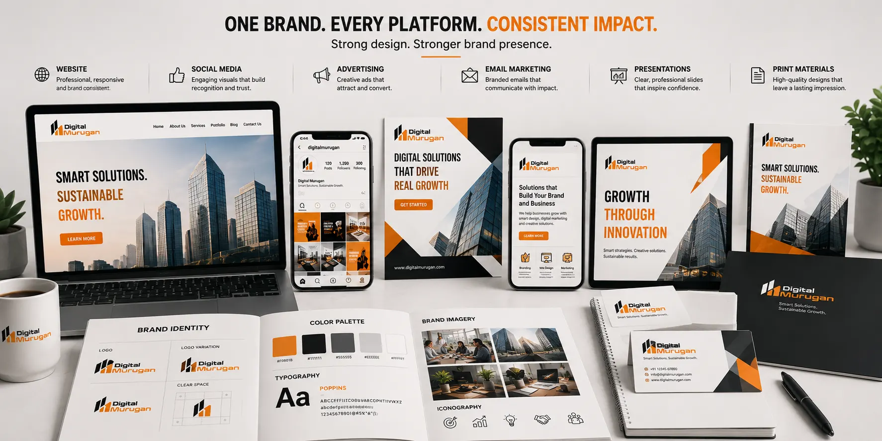 Graphic design across website social media advertising email presentations and print materials