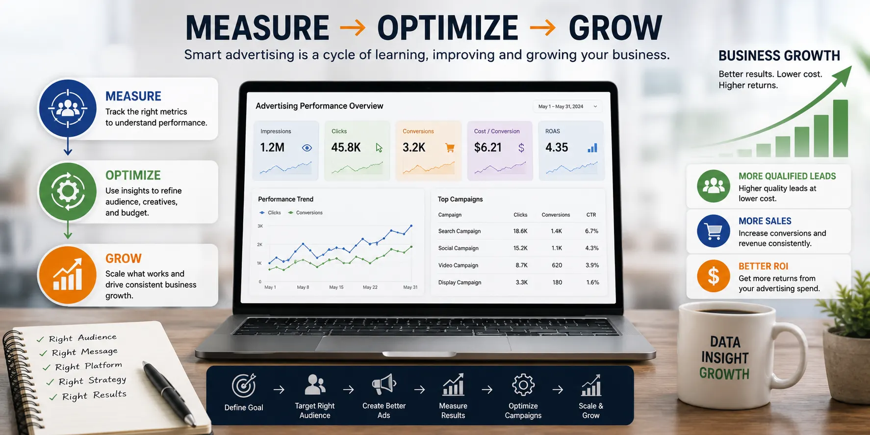 Online advertising campaign measured and optimized for business growth