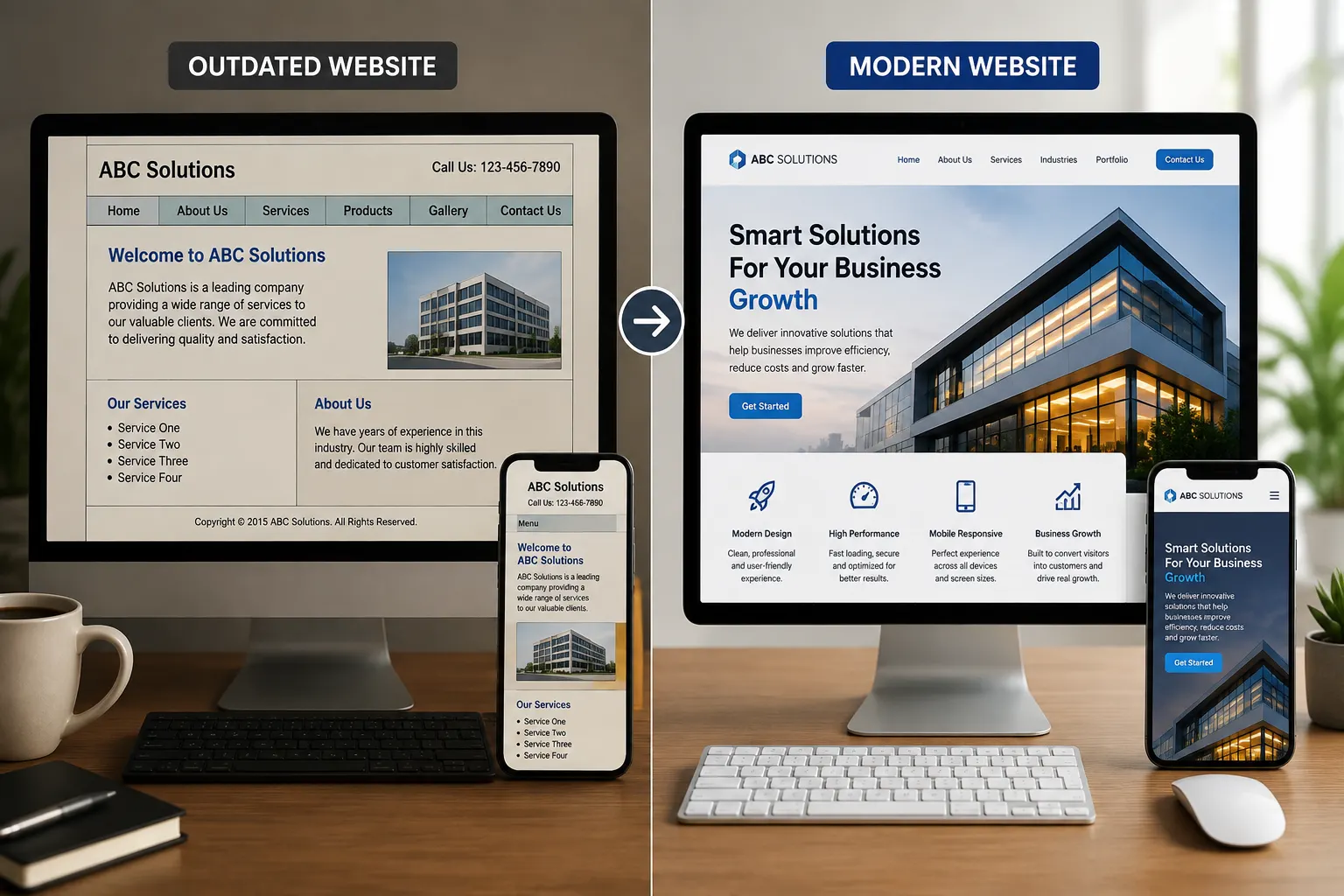 Comparison of an outdated website and a modern responsive business website