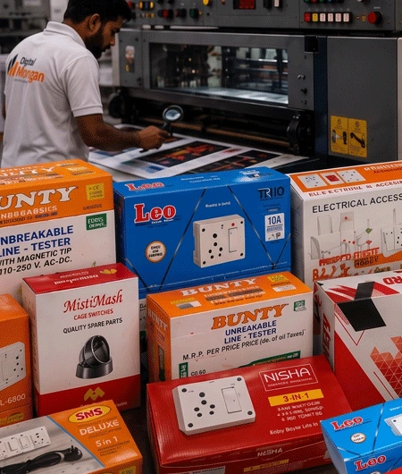 Printing and packaging solutions by Digital Murugan with commercial printing equipment and packaged products