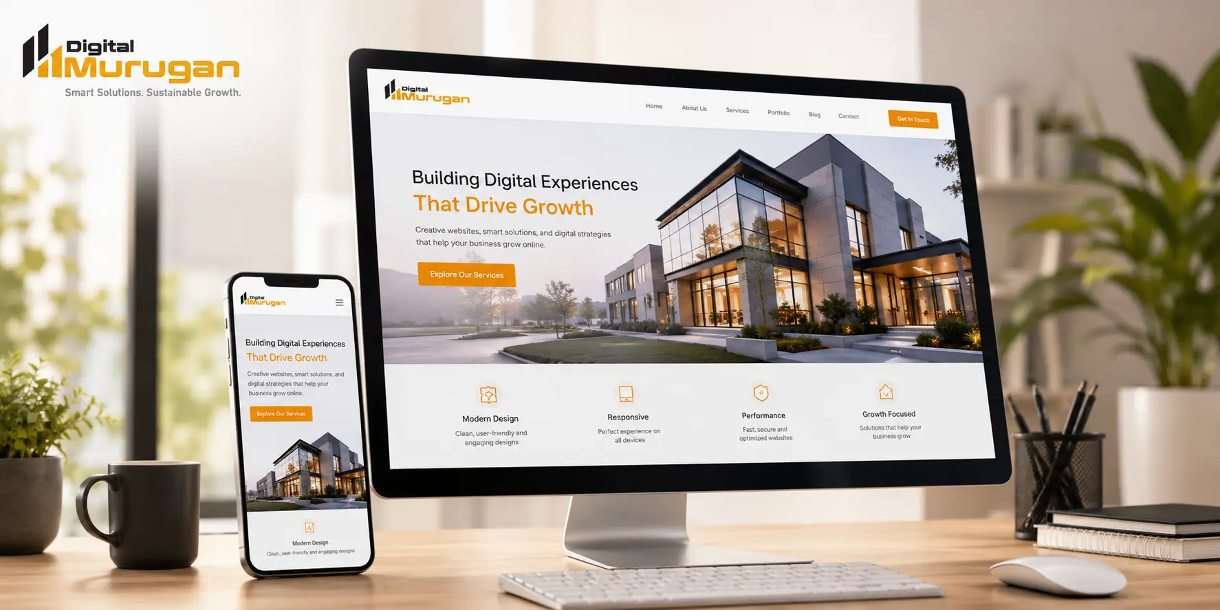 Professional business website displayed on desktop monitor and smartphone