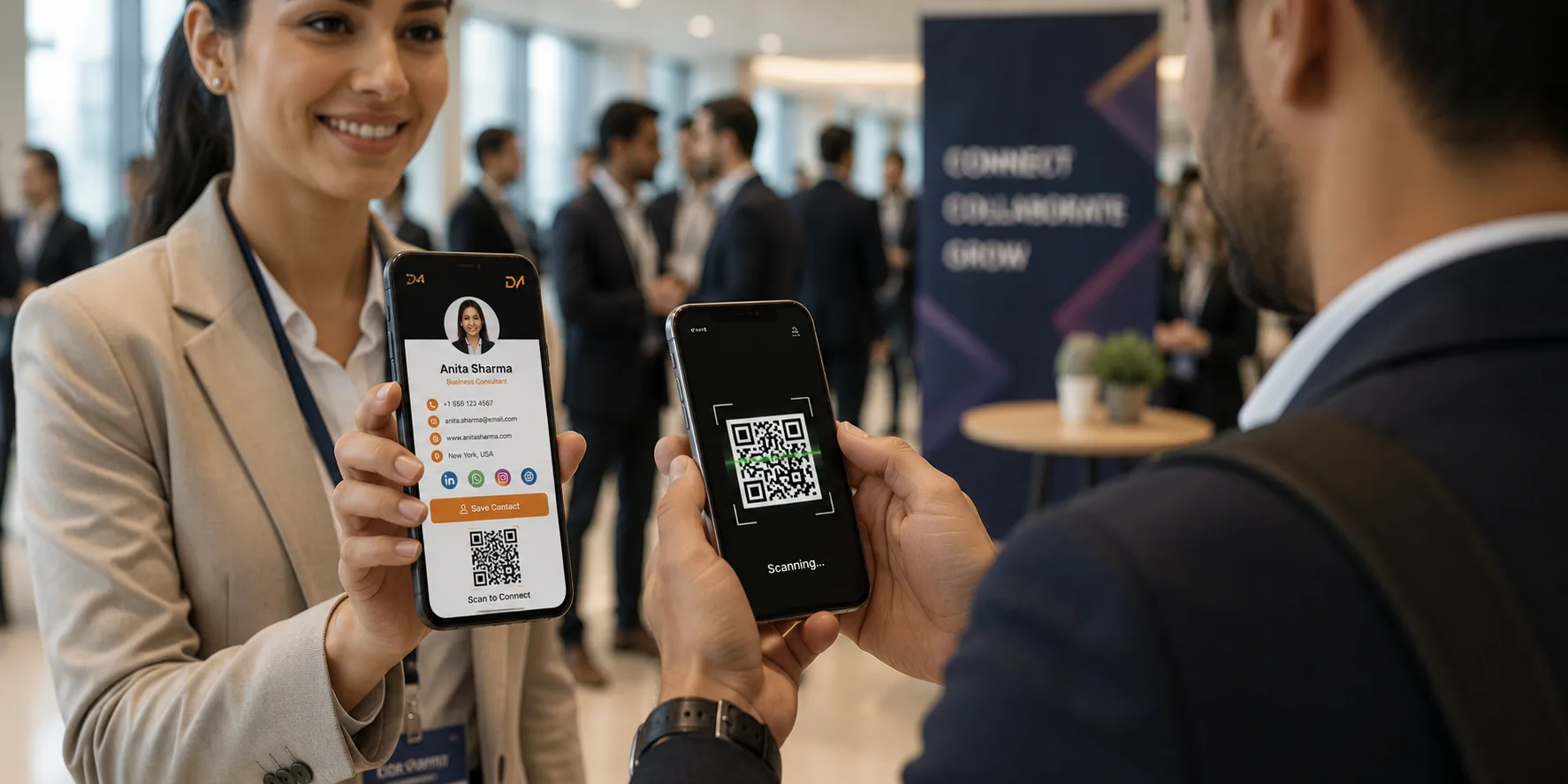Professionals sharing a digital business card through a QR code