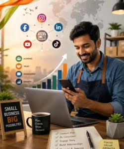 Small business owner using social media to build audience engagement and business growth