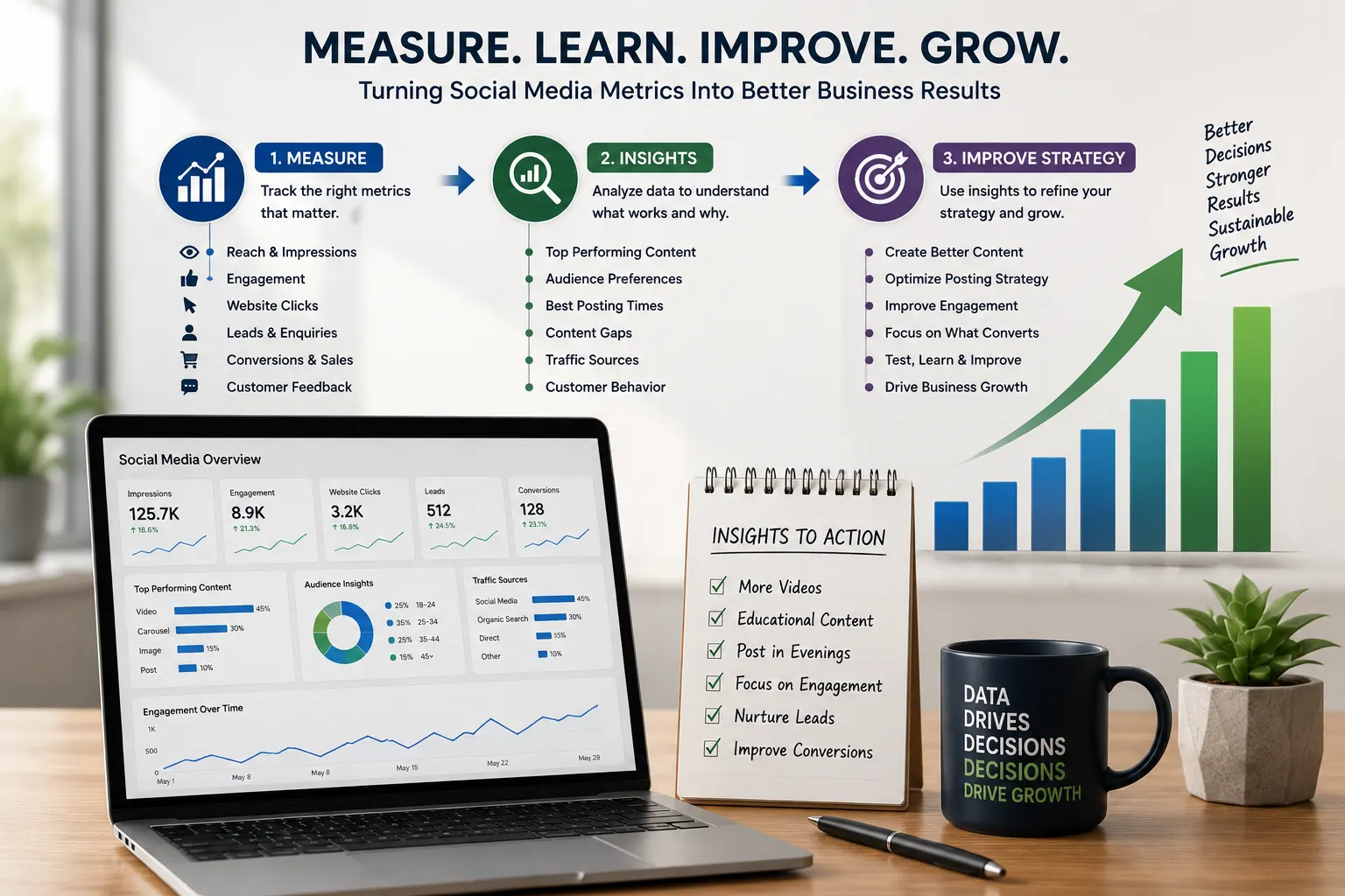 Social media metrics and insights used to improve marketing strategy and business growth