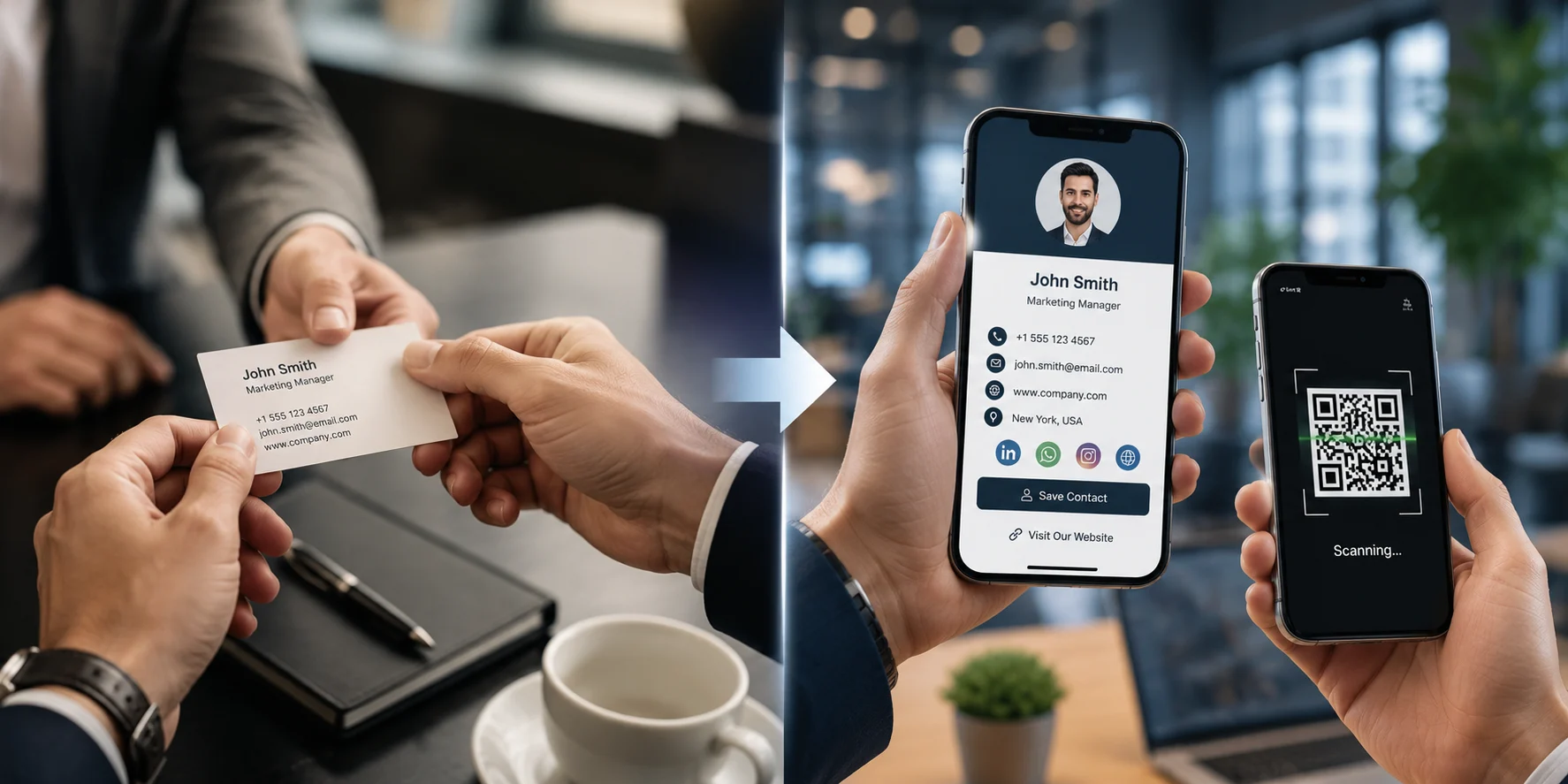 Traditional paper business card compared with a digital business card