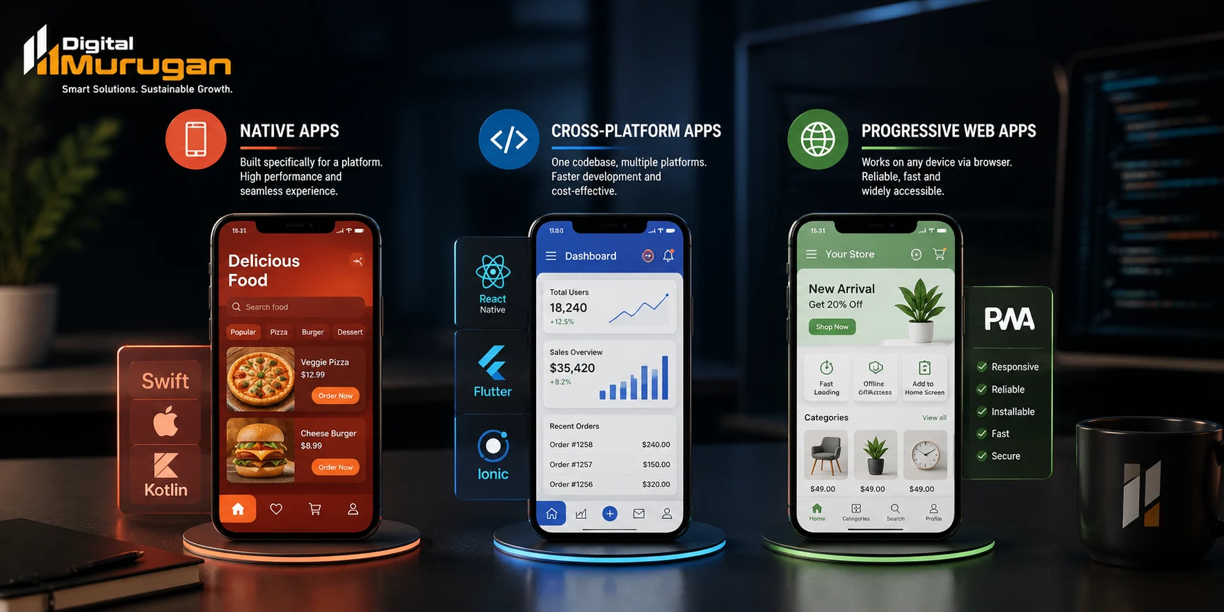 Types of mobile applications including native, cross-platform, and progressive web apps