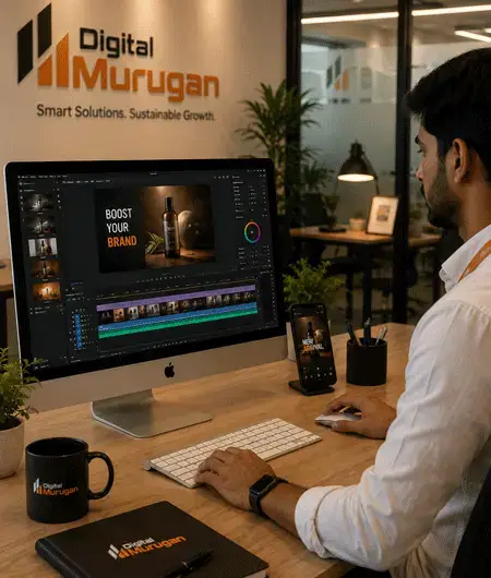 Professional video editor creating AI-powered marketing videos in a modern Digital Murugan corporate office using a premium video editing workstation.