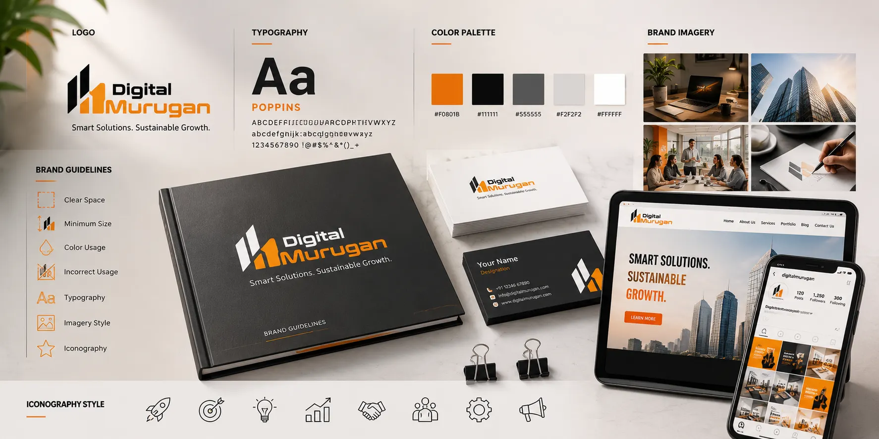 Visual brand identity with logo typography color palette imagery and brand guidelines