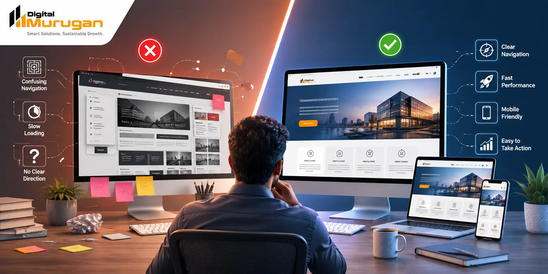 Comparison of confusing website design and clear user-friendly website experience