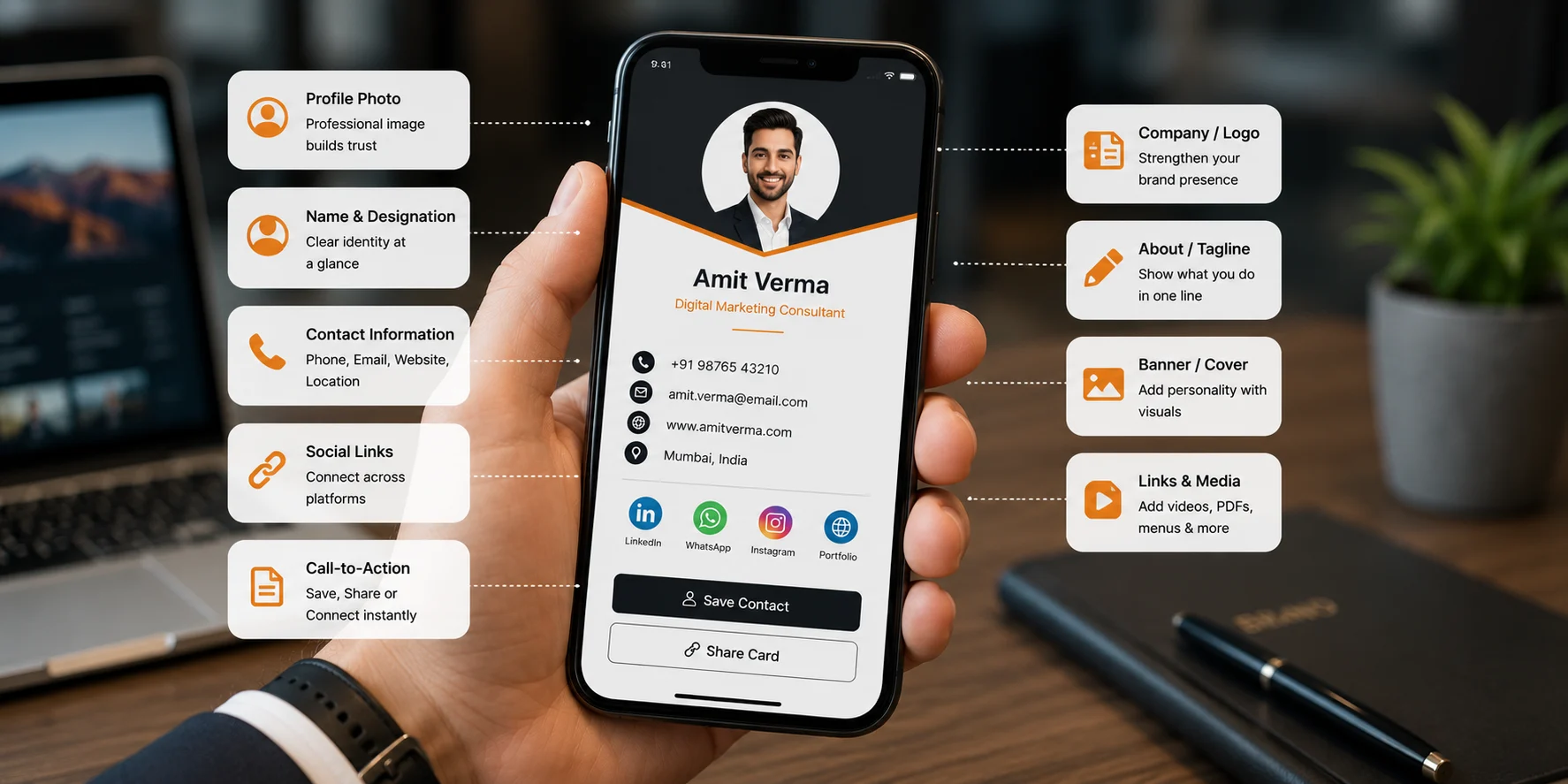 Key elements included in a professional digital business card