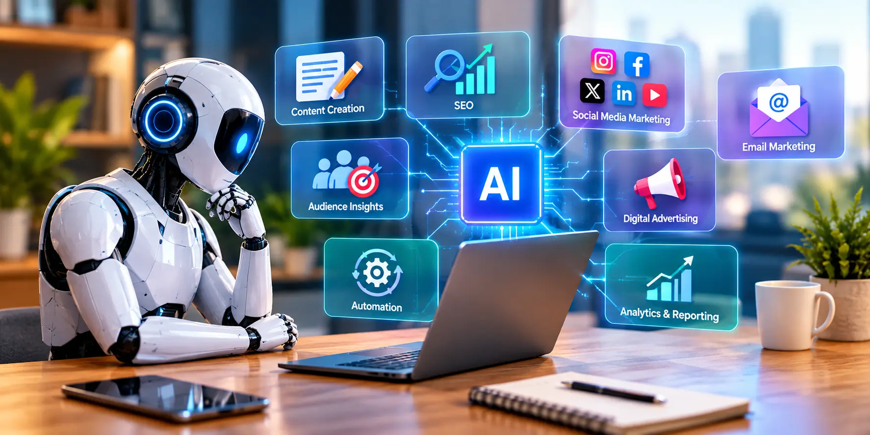 AI technology supporting content creation, SEO, social media, advertising, automation, and marketing analytics