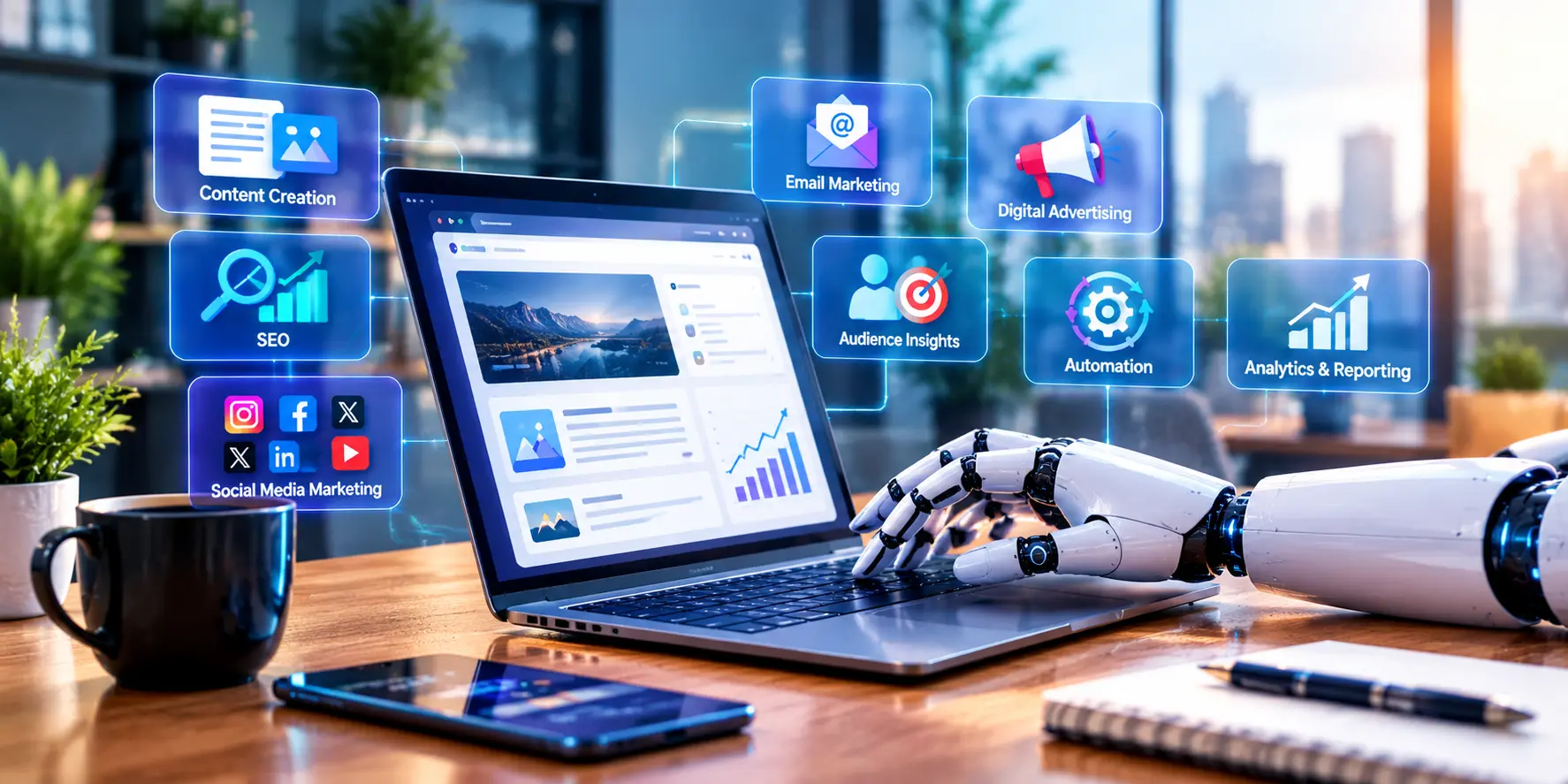 AI-powered digital marketing workspace with SEO, social media, email marketing, advertising, automation, and analytics