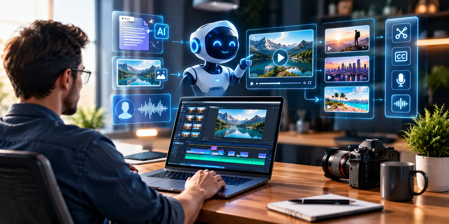 AI-powered video production workflow with video editing and creative tools