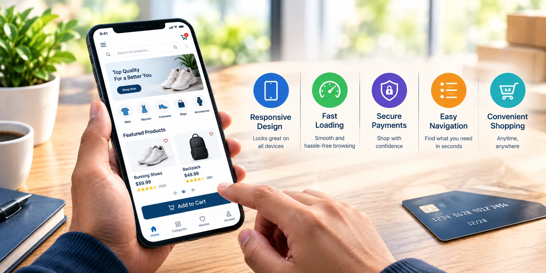 Mobile e-commerce shopping experience with responsive design, fast loading, secure payments, and easy navigation