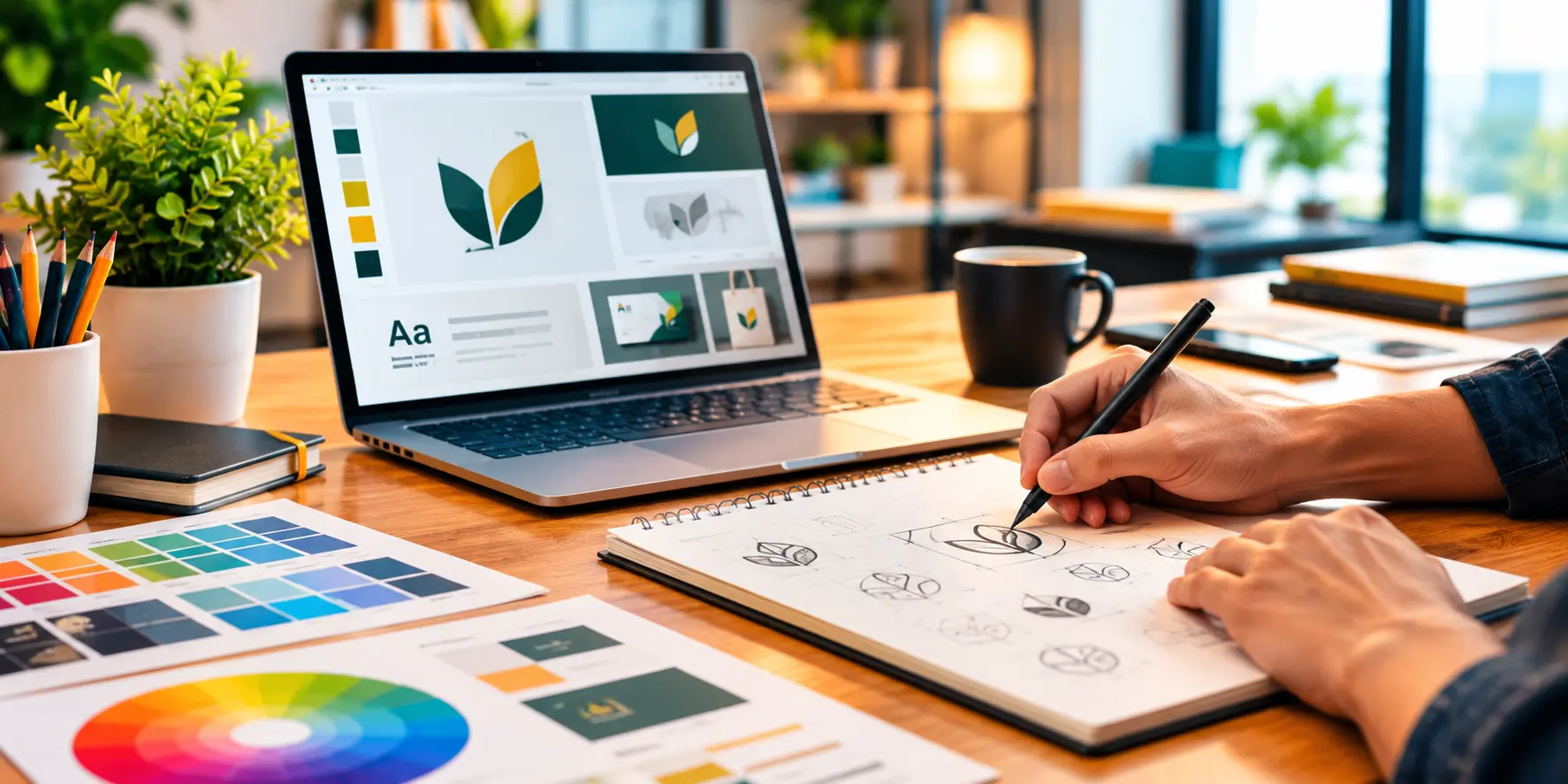 Designer developing a creative brand identity with sketches, color palettes, and digital design tools