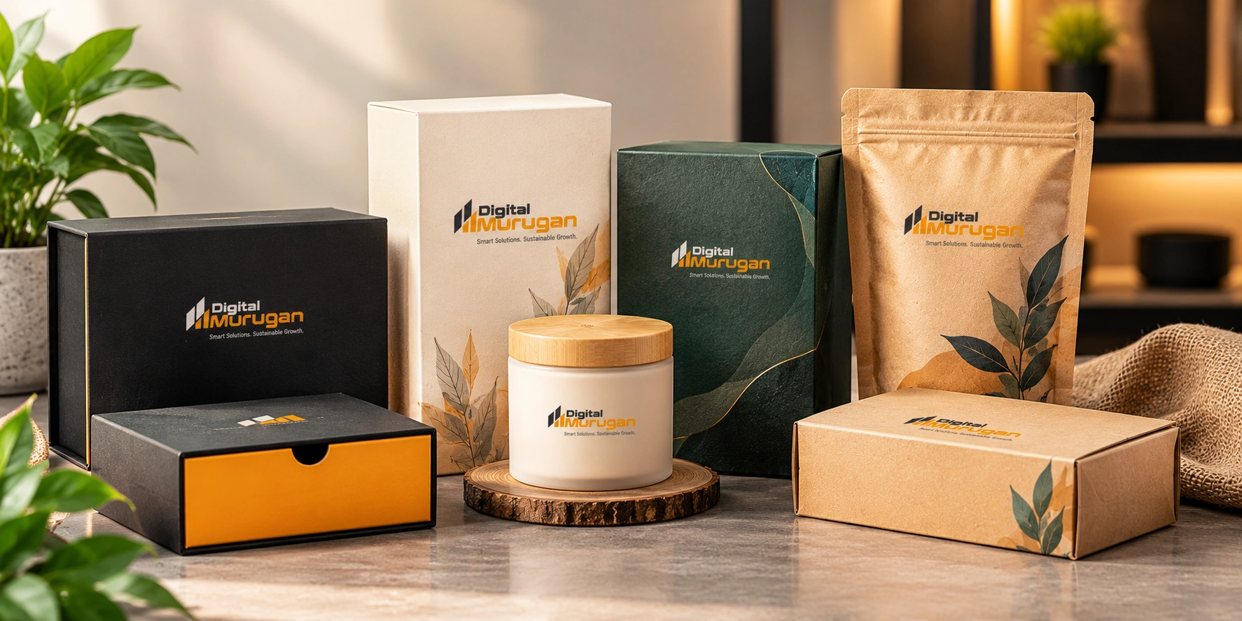 Custom and premium packaging design with branded boxes and product containers