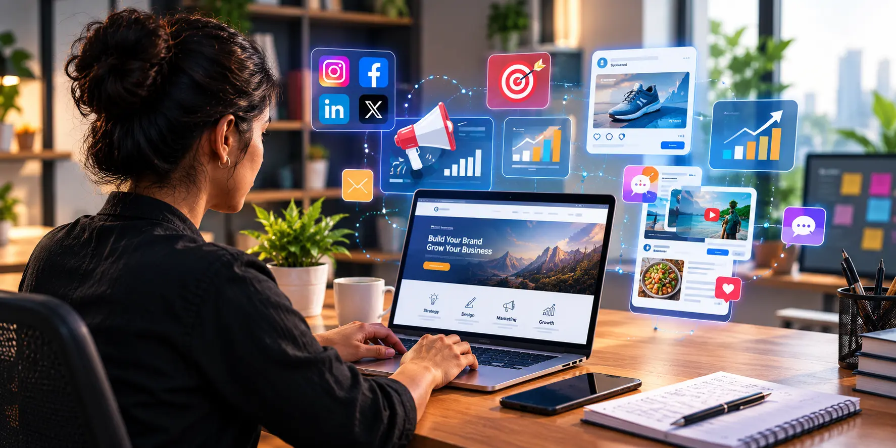 Professional developing a digital branding and online marketing strategy on a laptop