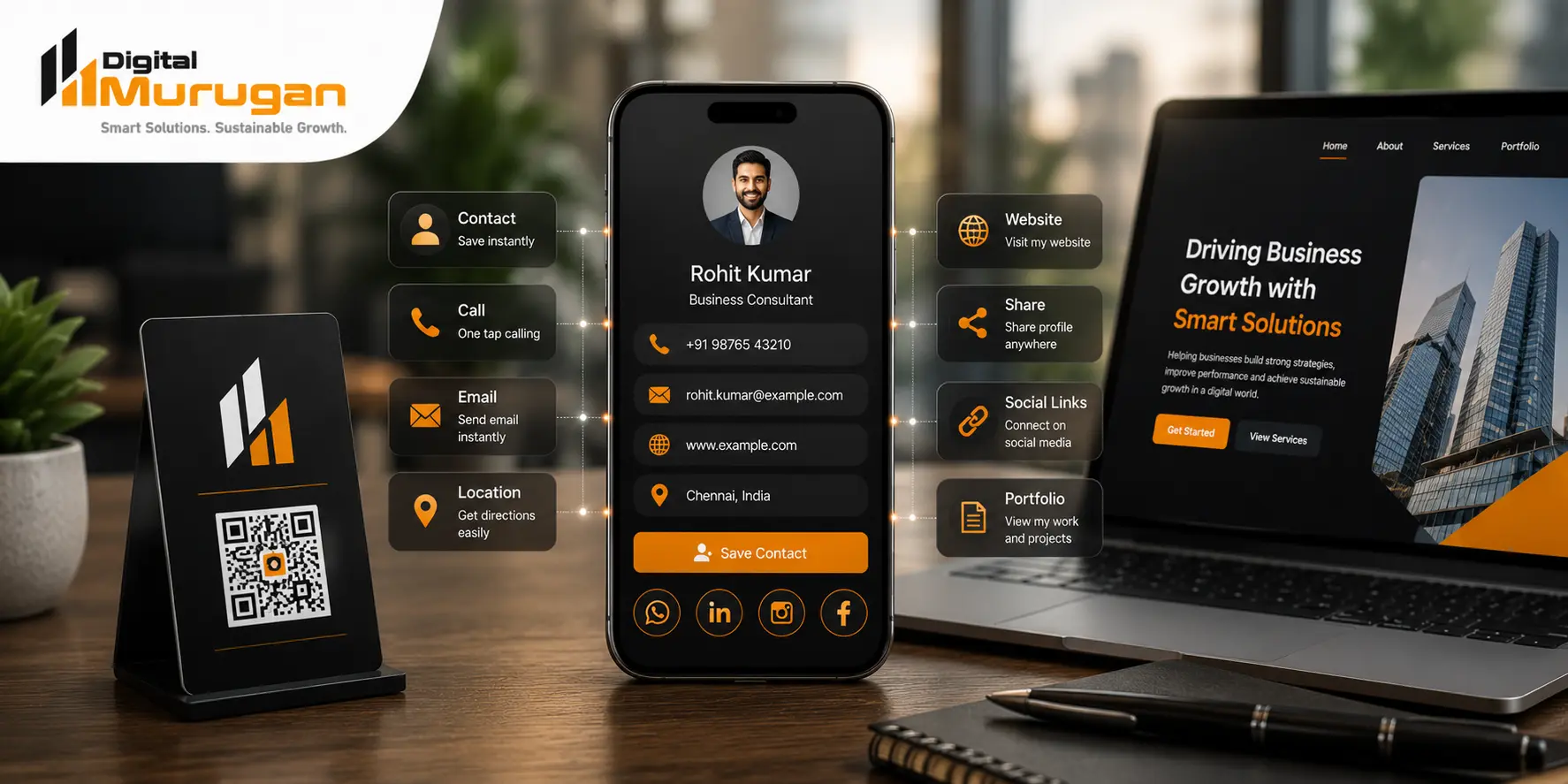 Digital business card connecting contact details, website, social links and portfolio